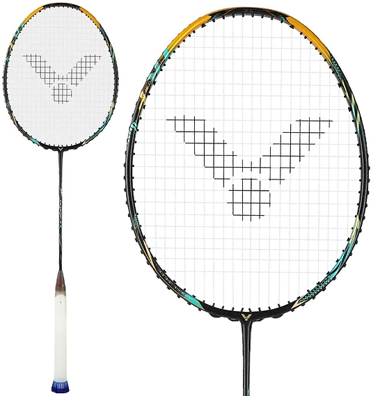 The image shows a Victor Thruster F C Ultra CX 4U Badminton Racket in black/gold with a white grip and "V" or bird design on the strings, displaying both full view and close-up of the racket head. Brand: Victor.