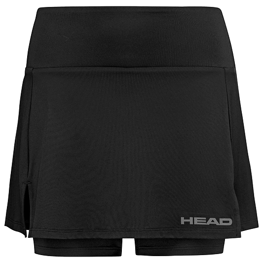 The HEAD Women's Club Basic Badminton Skort in black features an athletic design with built-in shorts, a side slit, and a wide waistband. It displays the "HEAD" logo near the hem and is crafted from moisture-transfer microfibre for optimal comfort and performance.