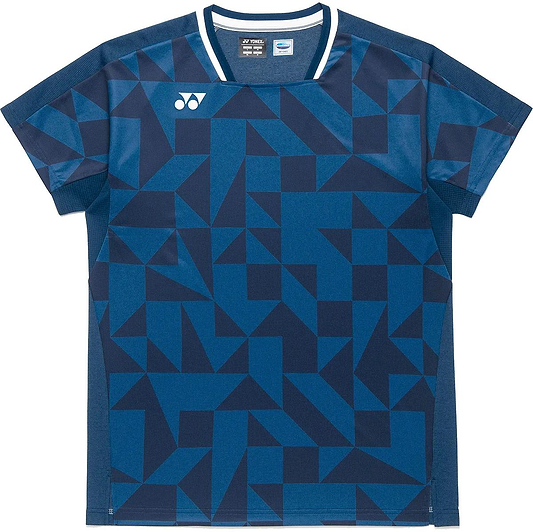The Yonex 10712YX Crew Neck Men's Badminton T-Shirt in Indigo Blue features a geometric pattern, white collar accent, small white logo, and quick-dry sportswear performance.