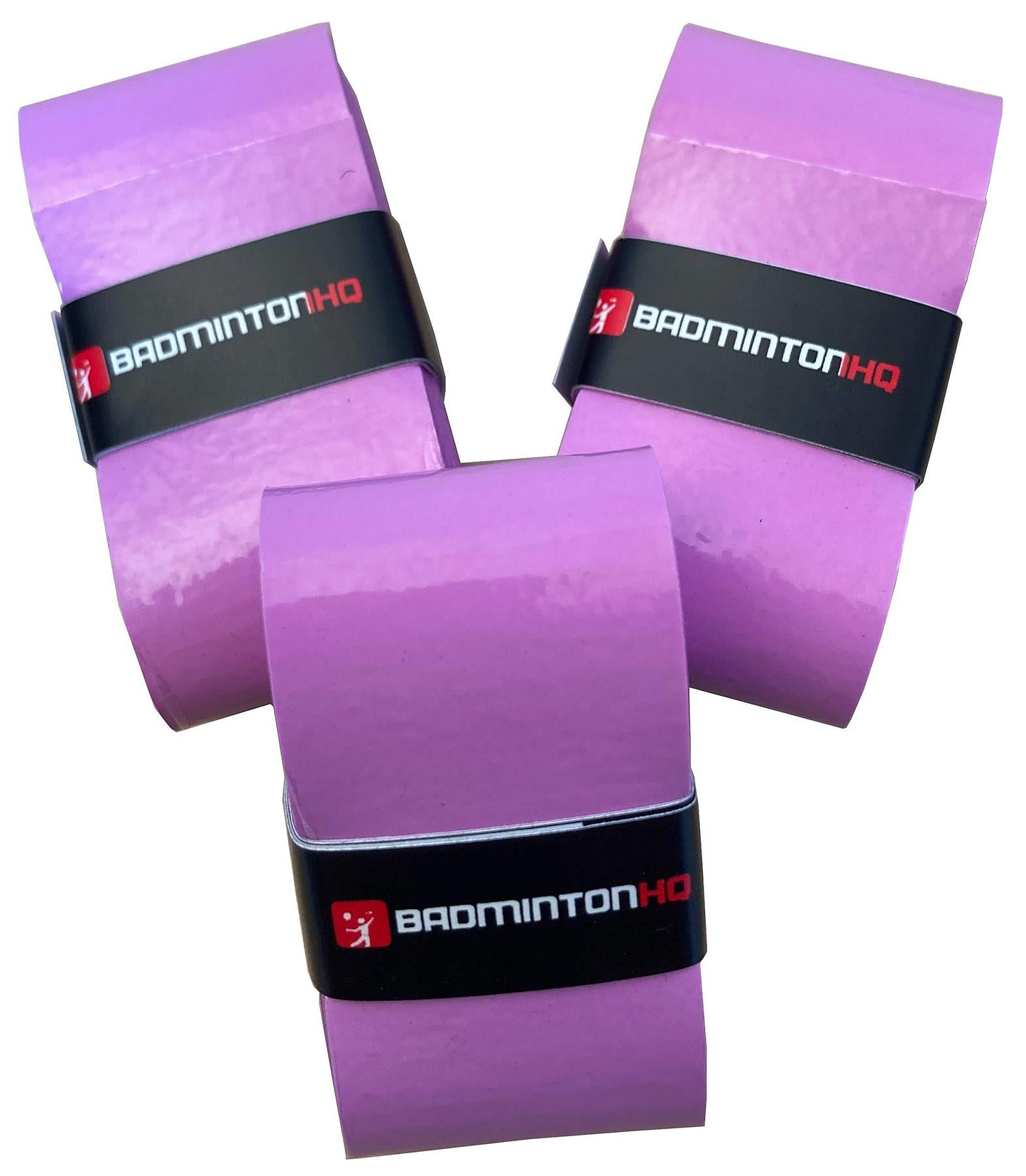 The BadmintonHQ 3 Pack Badminton Overgrips in purple feature ultra-tacky grip, excellent sweat-absorption, and black bands with "BADMINTON HQ" in white and red text.