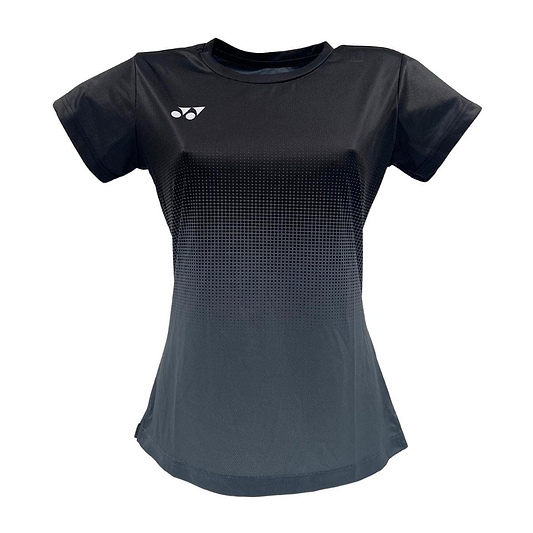 Discover unparalleled comfort and performance with the Yonex YTL5 Women's Badminton T-Shirt in Shadow/Black. This black tee, crafted from moisture-wicking polyester, features short sleeves, a gradient dot pattern, and a sleek white logo on the upper left side for a stylish touch.