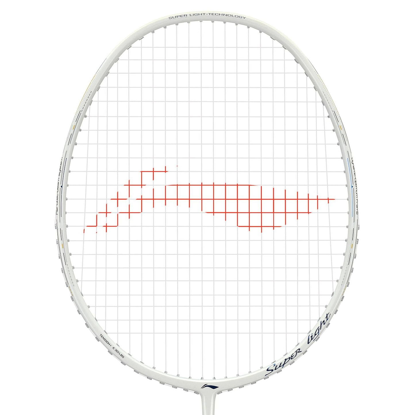 Meet the Li-Ning Windstorm 79S 5U Badminton Racket in Pearl White, featuring red strings in a wave design. It showcases "Super-Light Technology" on its frame for enhanced lightweight performance and swift, powerful swings.