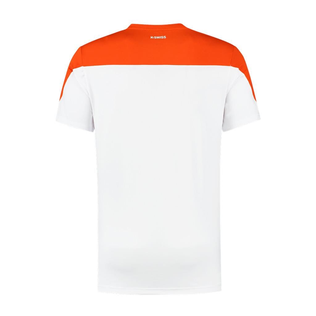 The K-Swiss Hypercourt Block Crew Tee 3 Men's T-Shirt, in white with a striking Spicy Orange horizontal stripe across the shoulders and upper back, combines style with functionality. This performance piece is showcased from the back for an enhanced visual appeal.