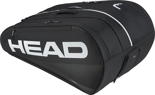 The HEAD Tour 12 Racket Badminton Bag XL in black features bold white branding, multiple zippers, a curved shape, and climate control technology to protect your gear. Designed for carrying badminton rackets and equipment.