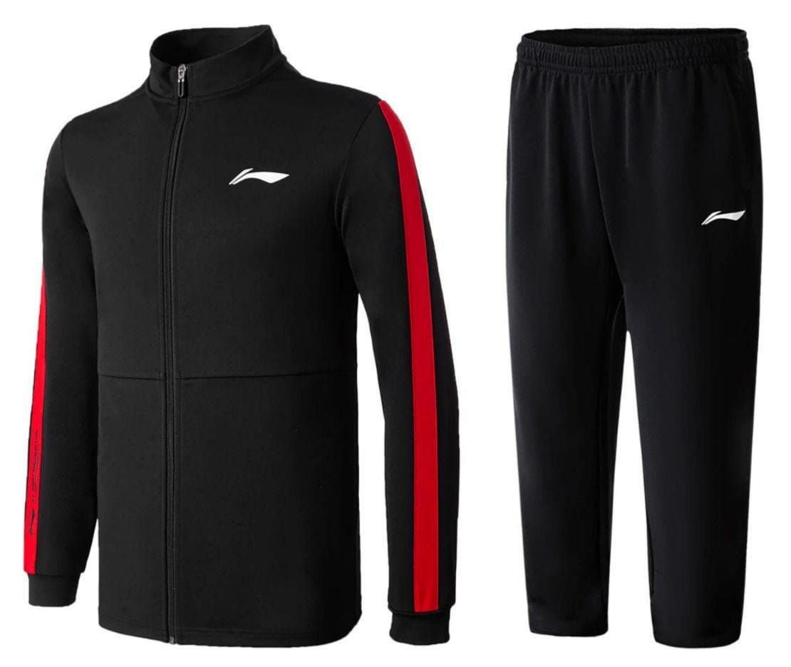 The Li-Ning Unisex Badminton Tracksuit Set - Black/Red features a jacket with long sleeves, bold red stripes, and a white chest logo. The matching pants have the same logo on the left thigh, showcasing minimalist design for athletic performance.