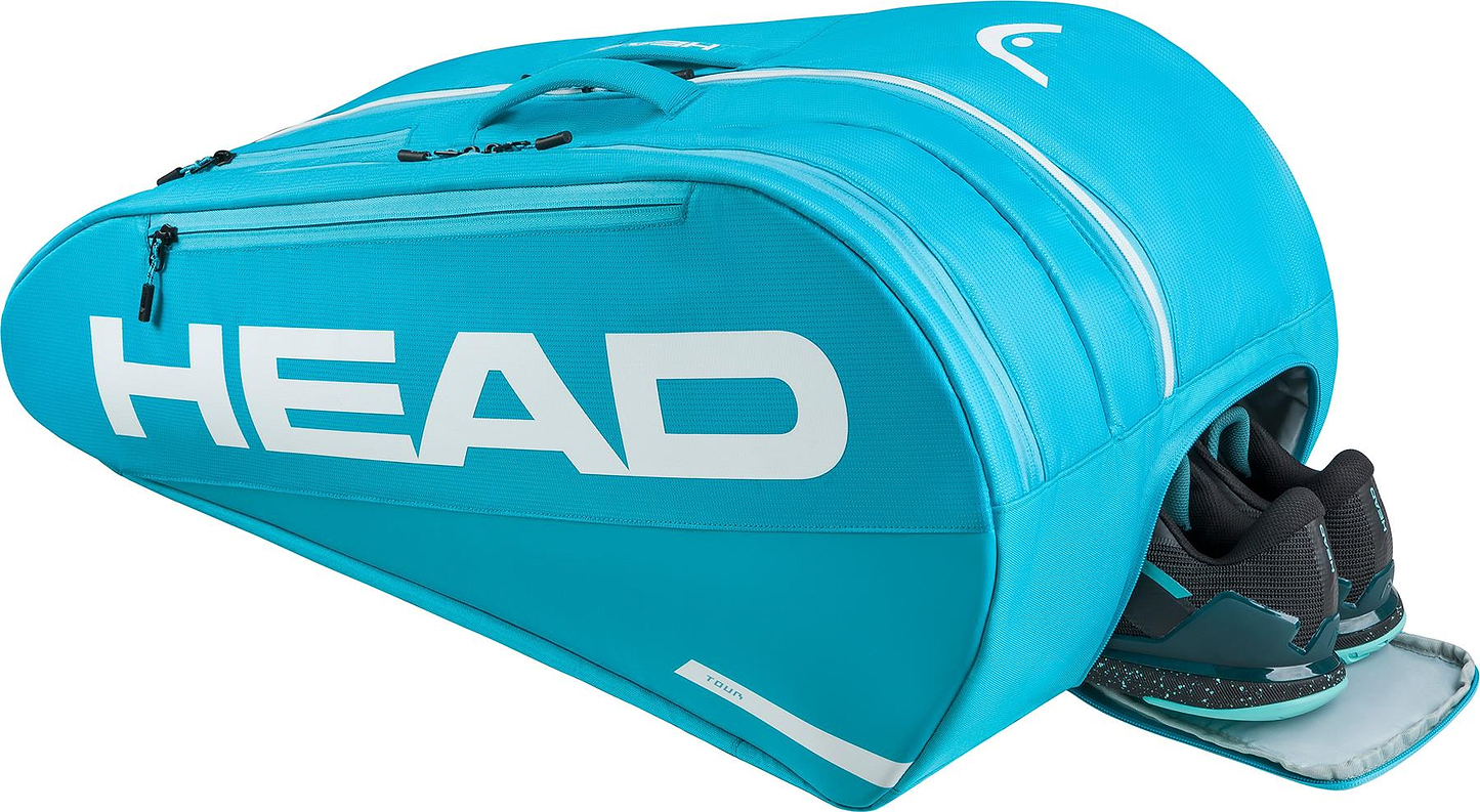 The HEAD Tour 9 Racket Badminton Bag L - Blue by HEAD features a spacious design with multiple compartments, a white logo, and a ventilated shoe pocket where black and teal sneakers are partially visible.