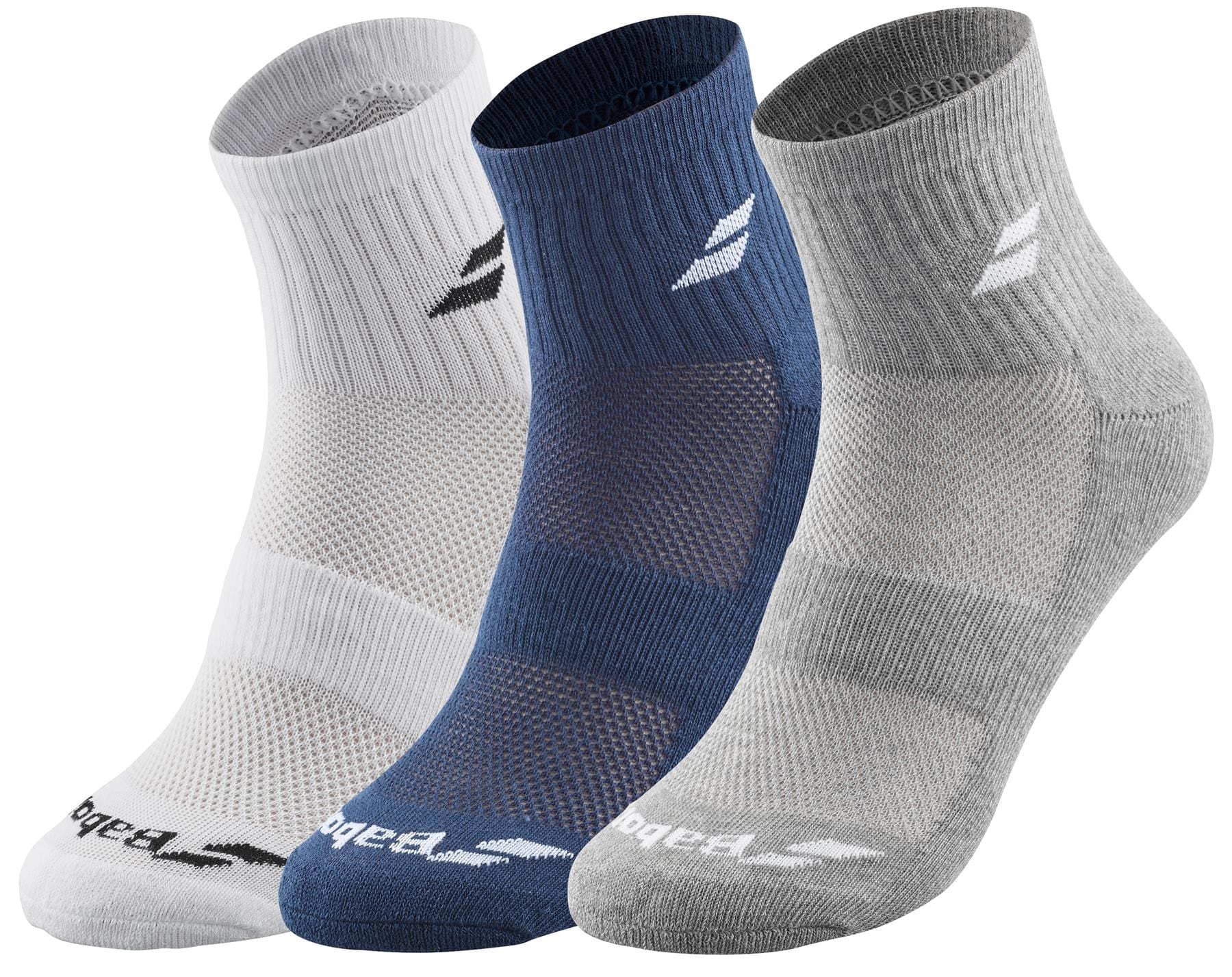 Displayed against a plain backdrop, the Babolat Quarter 3 Pack Badminton Socks in white, blue, and grey are arranged side by side. Each pair is designed for comfort and support with features like a textured pattern, ventilated zones, and a subtle logo—making them ideal for badminton enthusiasts.