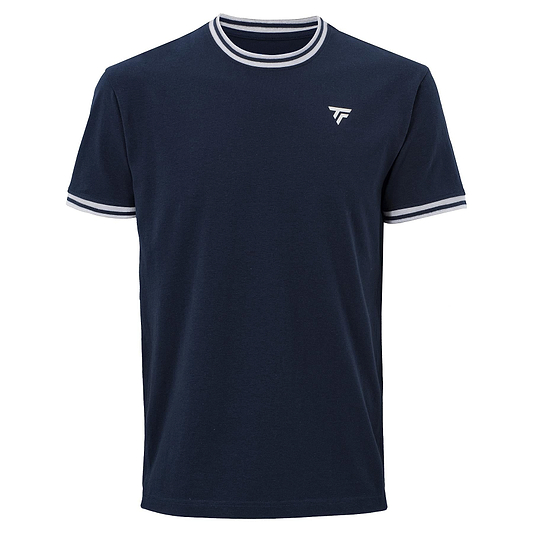 The Tecnifibre Team Stretch Mens Badminton T-Shirt in Marine Blue features short sleeves, white trim on the collar and cuffs, a small white logo on the left chest, and a simple, classic design.