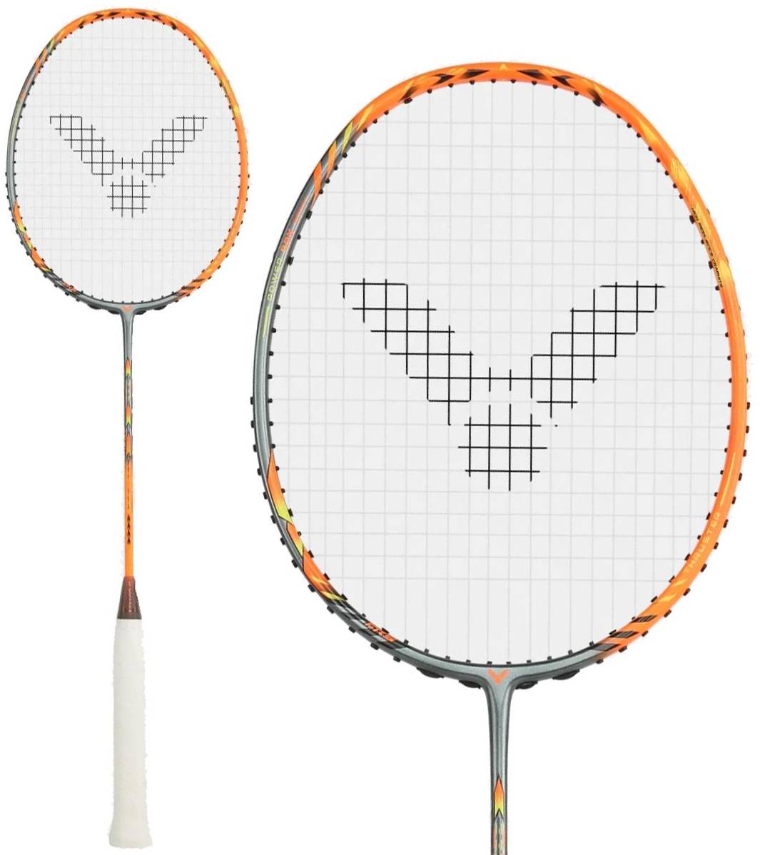 The Victor Thruster Rocket O 4U Badminton Racket by Victor features a silver and orange frame, white string with a black geometric logo, and a white grip tape handle. A close-up of the racket head appears next to the full racket.