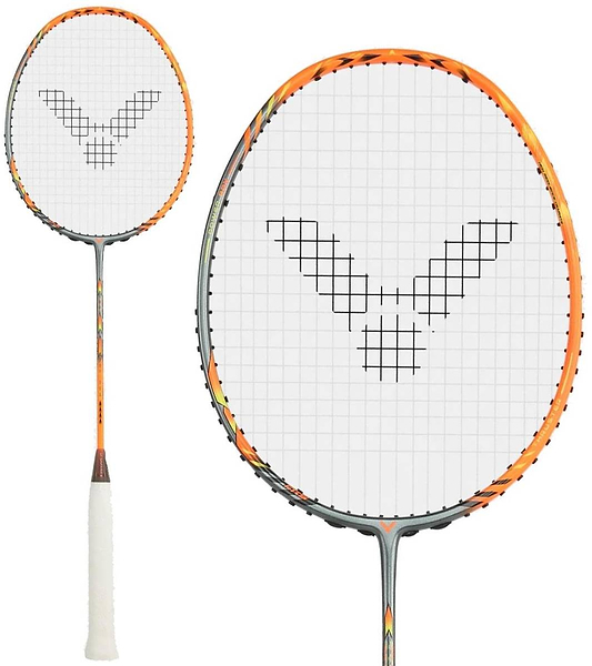 The Victor Thruster Rocket O 4U Badminton Racket by Victor features a silver and orange frame, white string with a black geometric logo, and a white grip tape handle. A close-up of the racket head appears next to the full racket.