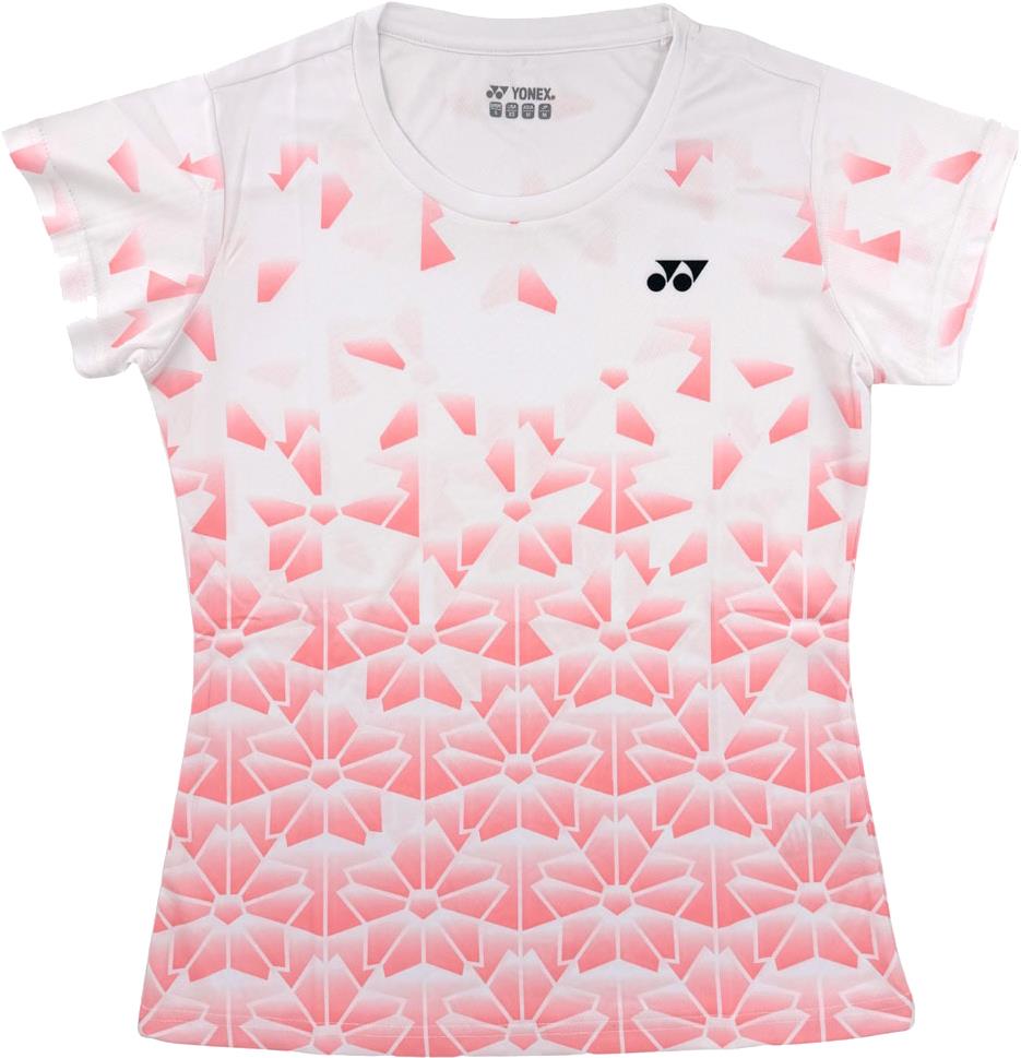 The Yonex YTL2025B Womens Badminton T-Shirt by Yonex features short sleeves, a pink and white gradient geometric floral design, breathable sports fabric, and a small brand logo on the upper left chest.