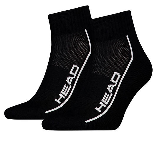 The HEAD Performance Quarter Badminton Socks - Black (2 Pack) feature white HEAD branding on the side, a breathable mesh panel on top, and a cushioned sole for comfort.