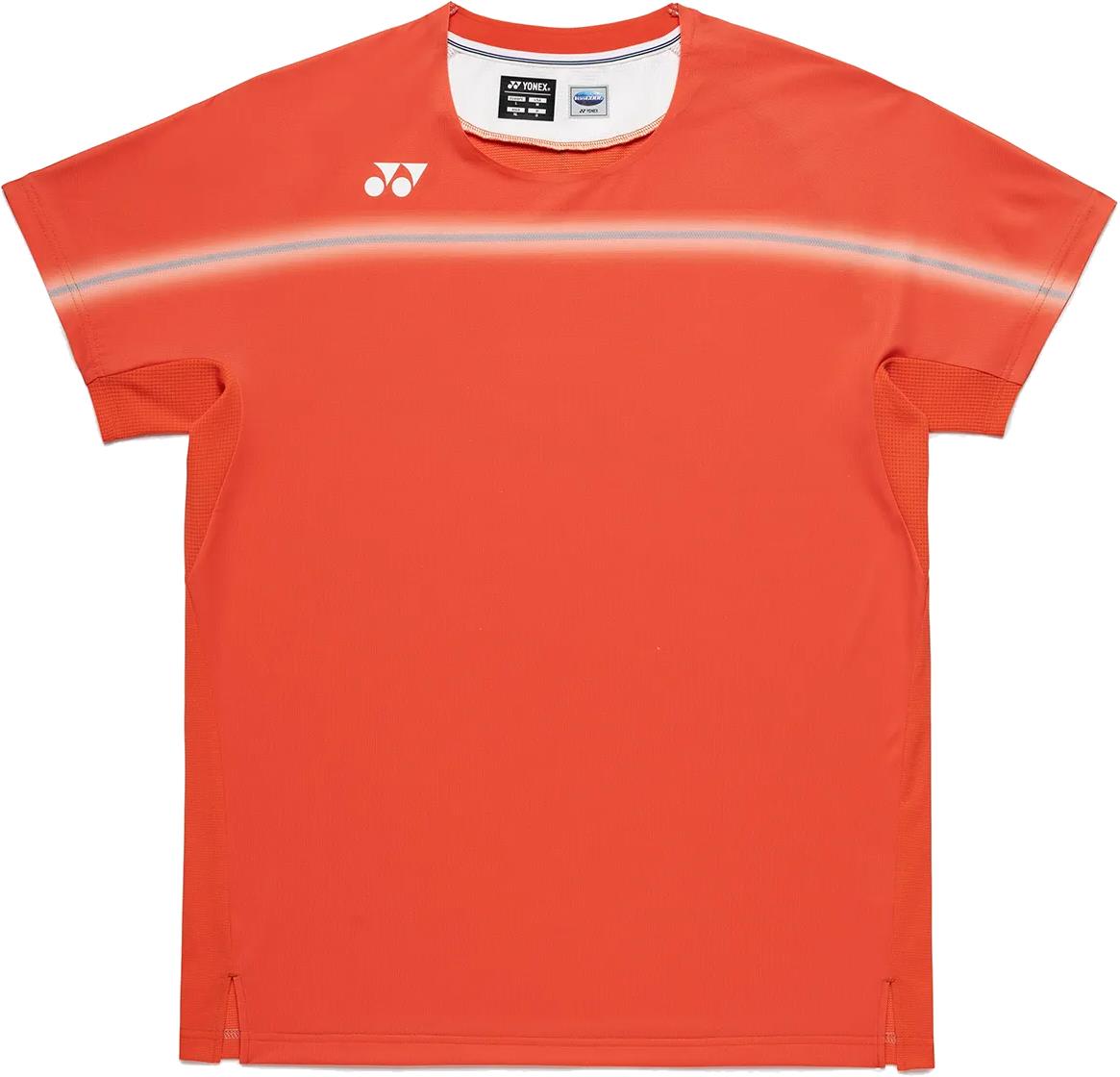 The Yonex 10711YX Crew Neck Men's Badminton T-Shirt in Cyber Orange features a crew neck, short sleeves, a white chest stripe, and Yonex logo—stylish performance sportswear for your next match.