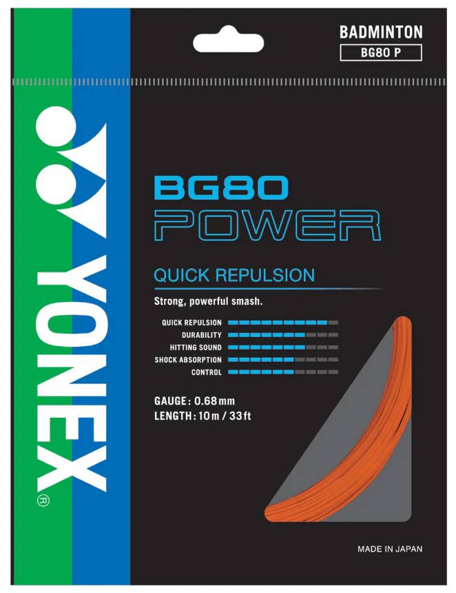 Yonex BG 80 Power Badminton String (Bright Orange, 0.68mm, 10m) features blue and green branded packaging with product details, a coiled orange string, and text highlighting high repulsion power and durable design.