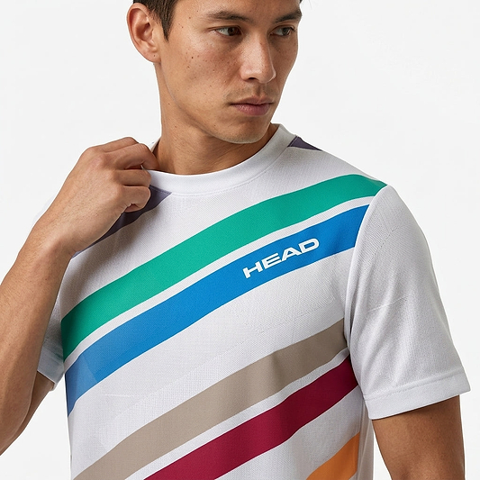 A man wearing the HEAD Pro Mens Badminton T-Shirt - WHXP, featuring colorful diagonal stripes and "HEAD" on the chest, looks to the side while holding his collar in this stylish HEAD shirt.