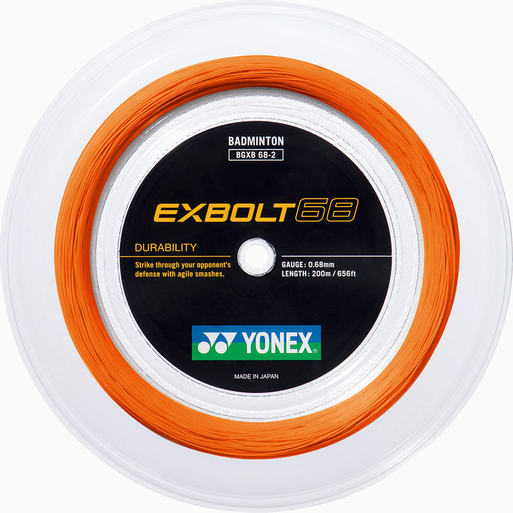 A Yonex Exbolt 68 Badminton String Flash Orange 0.68mm 200m reel, made with forged fiber for durability and agile smashes, comes coiled in a clear case with the Yonex brand label.