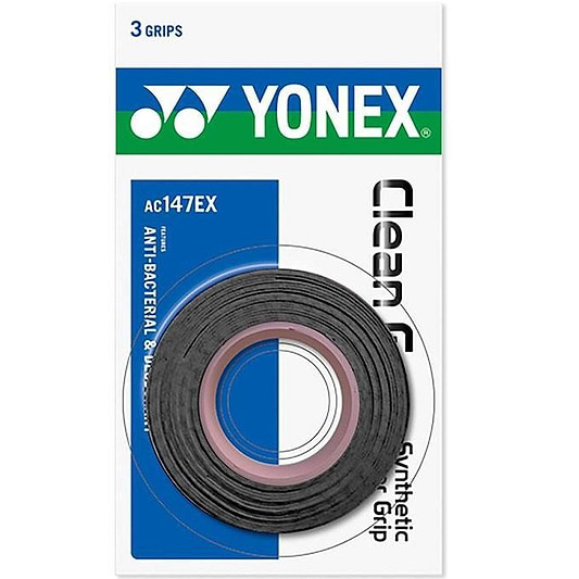 The image showcases a packaged Yonex AC147EX Clean Grap badminton overgrip in black, featuring a blue and green header. This product offers antibacterial and deodorizing properties and includes a set of three grips. Enhanced cushion technology in its durable polyurethane ensures a superior comfort grip experience.
