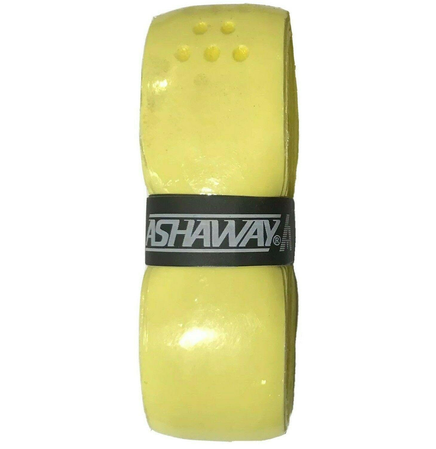 A yellow Ashaway Soft Grip Badminton Grip, featuring small raised dots and wrapped in a black band displaying the Ashaway brand name, perfectly complements a player’s gear, much like a squash ball in your kit.