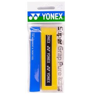 Pack of Yonex AC108 Super Grap Pure synthetic overgrips in yellow. The overgrip is neatly enclosed in a clear plastic package with a white and green header displaying the Yonex logo.
