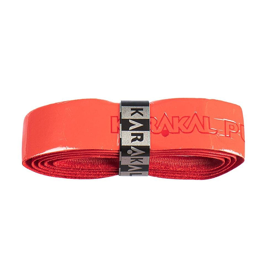 The Karakal PU Badminton Super Grip Single (Red) is a coiled grip designed for racquets, secured with a black band featuring the "Karakal" logo, ideal for passionate racket sports enthusiasts.