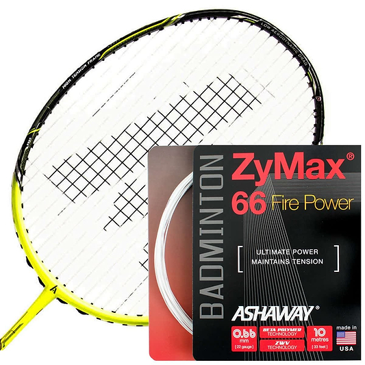 A high-performance yellow and black badminton racket is placed next to a packet of Ashaway Zymax 66 Fire Power Badminton String in white, 0.66mm, 10m, complemented by text highlighting ultimate power and tension maintenance.