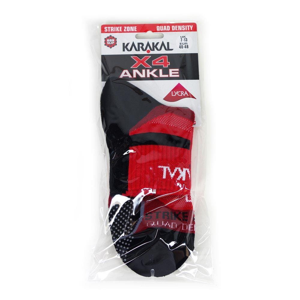 The package of Karakal X4 Men's Technical Ankle Badminton Socks, available in red and black for sizes UK7-UK13, includes a pair designed with "Strike Zone" and "Quad Density" shock absorbing technology. These moisture-wicking socks are neatly showcased through clear packaging to highlight their comfort and performance.
