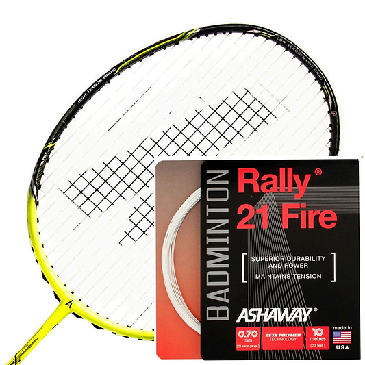 A yellow badminton racket with a string pattern sits beside a 10-meter packet of Ashaway Rally 21 Fire Badminton String in white. Renowned for its superior durability and power, this string is ideal for all-round players and features advanced BETA polymer technology to boost performance on the court.