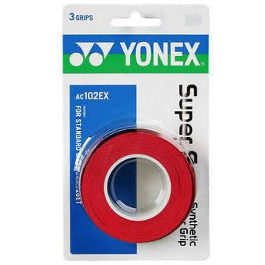 The Yonex AC102EX Super Grap Badminton Overgrip - 3 Pack in red is tailored for standard rackets, providing exceptional sweat absorption. The packaging features a clean white background with blue and green accents.