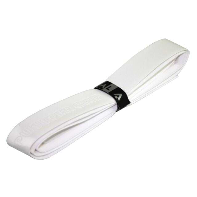 The Karakal PU Badminton Super Grip Single in white is a coiled overgrip for tennis or badminton rackets, featuring embossed text and a black band labeled "PU SUPER GRIP." This replacement grip from Karakal provides enhanced performance and comfort on the court.