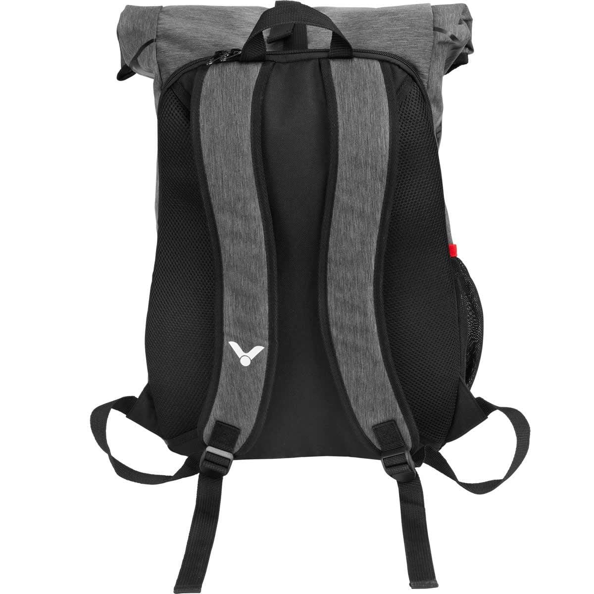 Introducing the Victor Badminton Rucksack 9109, a versatile backpack in gray and black that features padded shoulder straps and a roll-top closure. Experience comfort with its ventilated design and adjustable straps, along with the discreet small logo on one of the straps. It also includes a convenient racket compartment.