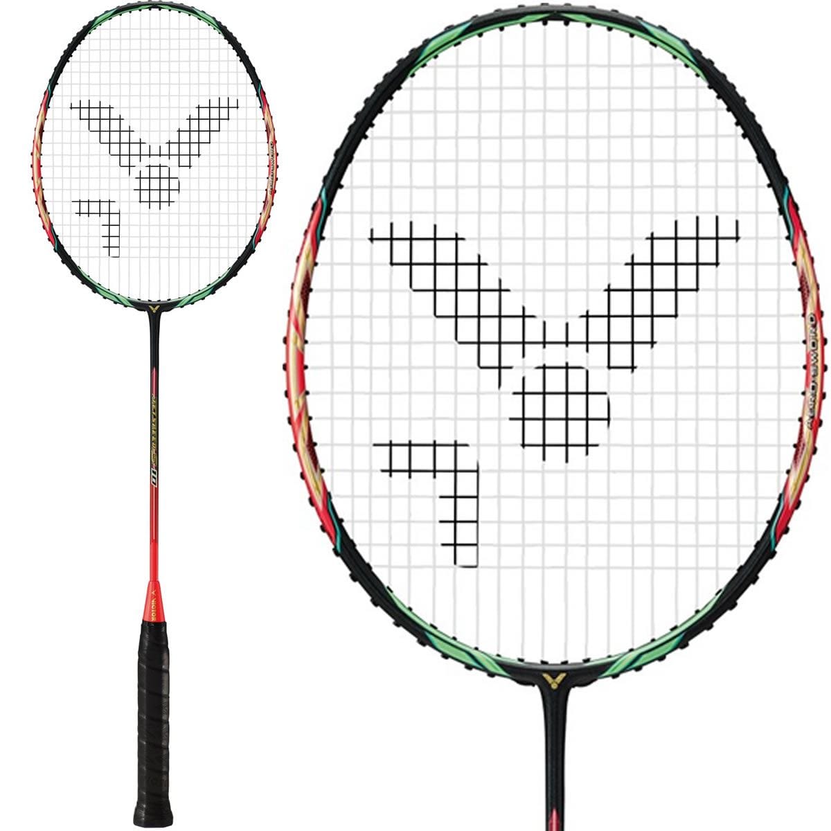 The Victor Jetspeed S 10 Q Badminton Racket - Red Black from Victor showcases a vibrant design on the shaft and an intricate logo pattern on the strings. Made with Pyrofil Carbon Fibre, it provides lightweight handling, and the zoomed-in section highlights the detailed logo incorporated into the string pattern.