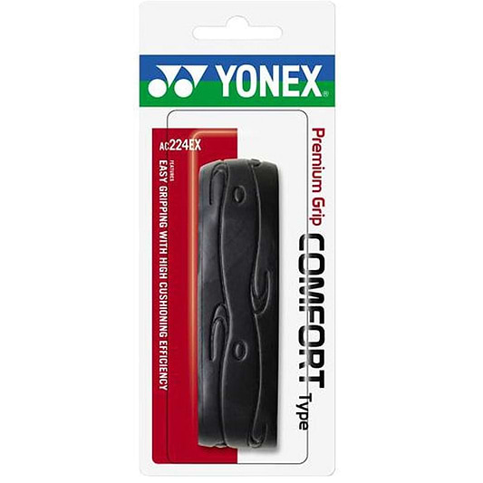 The Yonex AC224EX Premium Grip Comfort Full Replacement Badminton Grip in black, from Yonex, is crafted with durable polyurethane foaming urethane, providing excellent comfort and effortless gripping along with high cushioning efficiency.