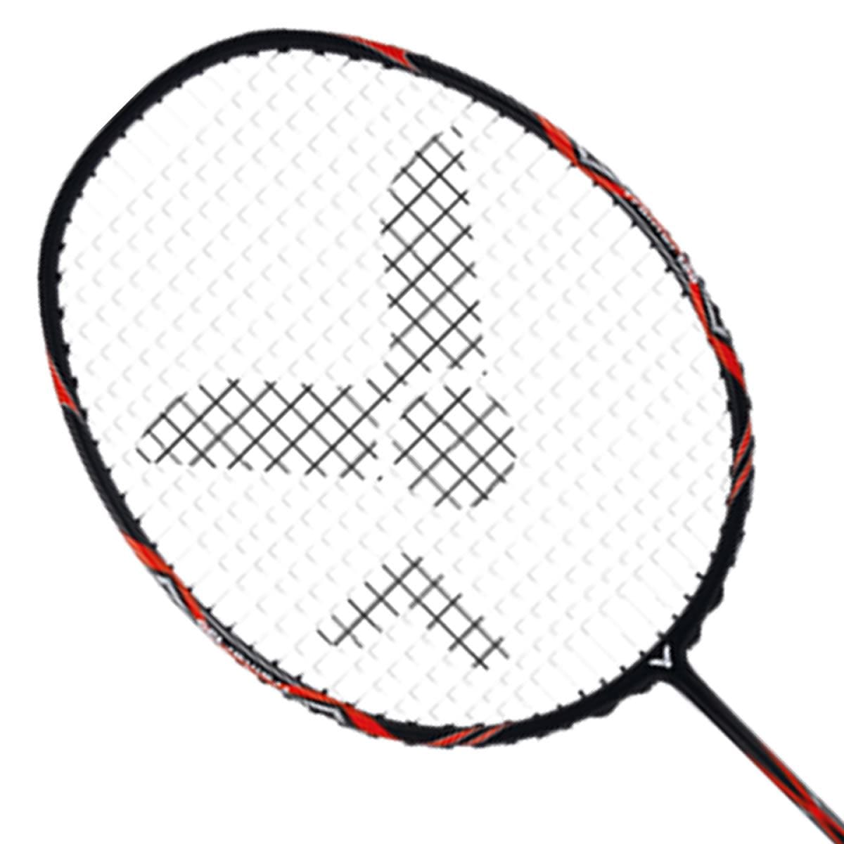 The Victor Trainer 135 Badminton Racket by Victor features a unique white string pattern on its head, resembling the shape of a shuttlecock. With its black frame accented by bold red details, this racket is ideal for enhancing stamina and strength during training.