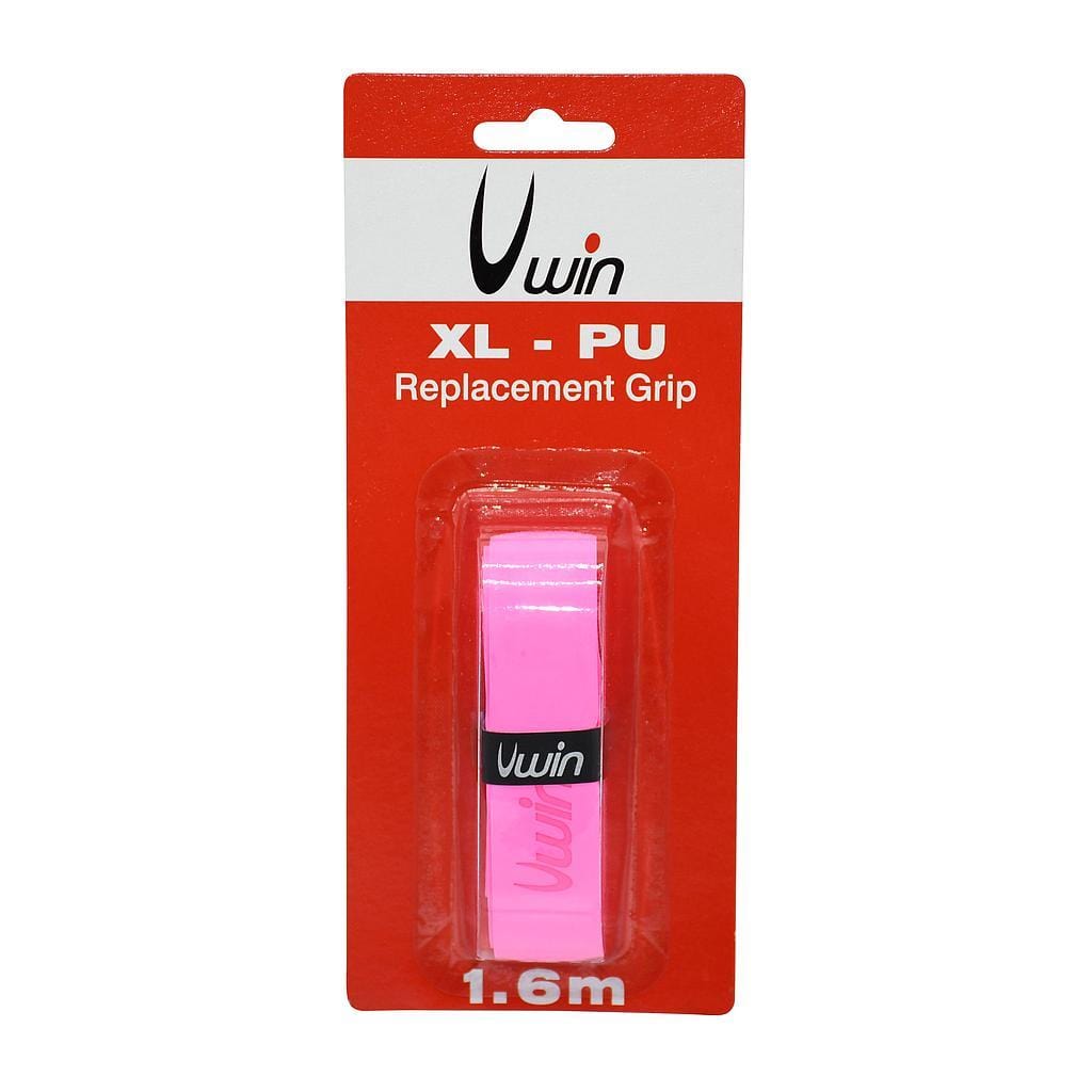 A pink Uwin PU Replacement XL Badminton Grip for sports equipment, showcased on a red and white cardboard backing. The packaging specifies the grip length as 1.6 meters, ideal for replacing your badminton racket grip.