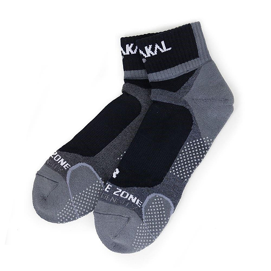 Introducing the Karakal X4 Men's Technical Ankle Badminton Socks in Black/Grey (UK7-UK13), featuring anti-slip rubber dots and shock-absorbing technology. Designed with textured soles, contrasting panels, and white text on the cuffs and toe area for ultimate comfort and support.