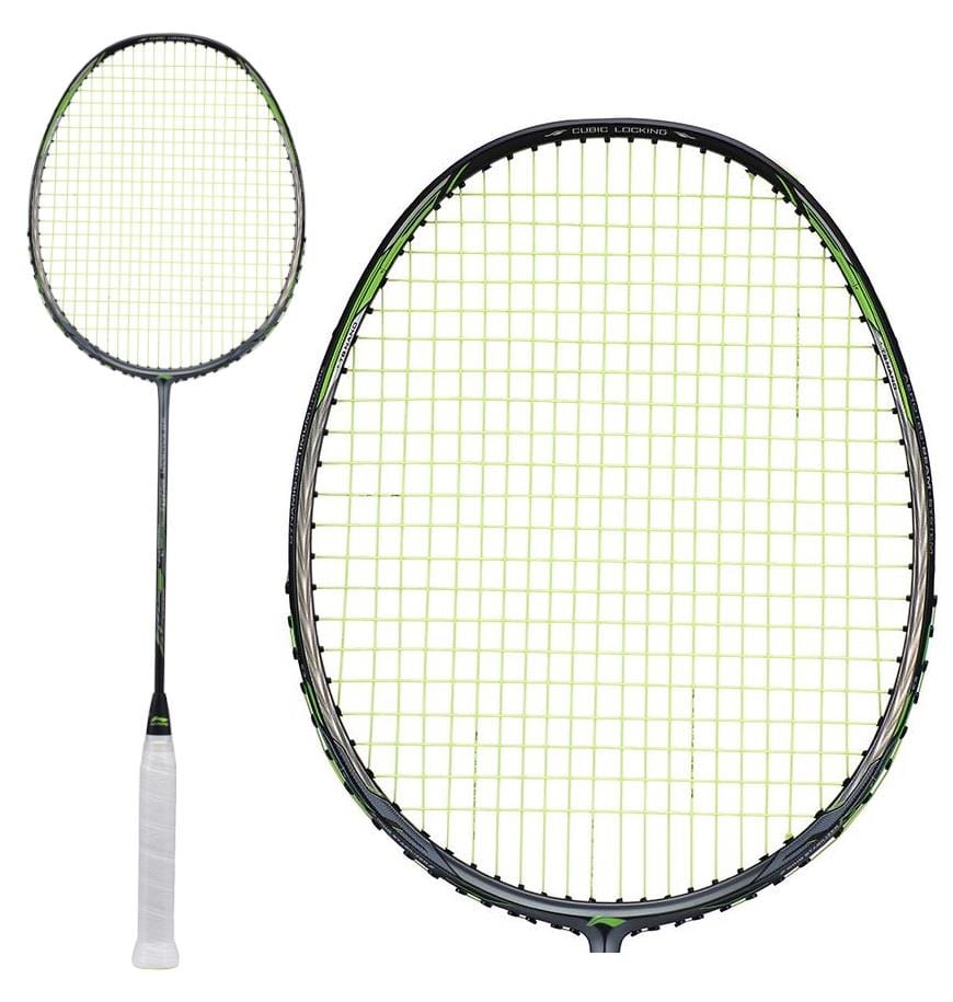 Close-up of the Li-Ning 3D Calibar 900 Combat Badminton Racket, featuring advanced 3D Calibar Technology. The racket has a grey frame with green strings and a handle wrapped in white grip tape. The image includes both a full view of the racket and a detailed close-up of the racket head.
