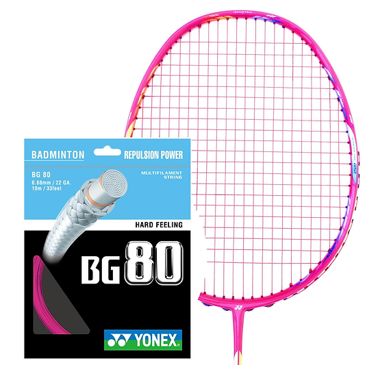 A Yonex BG 80 badminton string in neon pink, known for its "Repulsion Power" and "Hard Feeling," is placed next to a pink badminton racket featuring a string pattern. The multifilament string specifications include a thickness of 0.68mm, categorized as 22 GA, with a length of 10 meters or approximately 33 feet. This high-repulsion power setup is ideal for achieving peak performance.