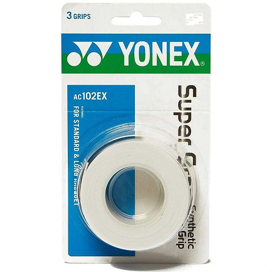 The Yonex AC102EX Super Grap Badminton Overgrip - 3 Pack - White comes in packaging that highlights its design for optimal sweat absorption, making it ideal for both standard and extra-long rackets. This pack of three grips is engineered to elevate your performance on the court.