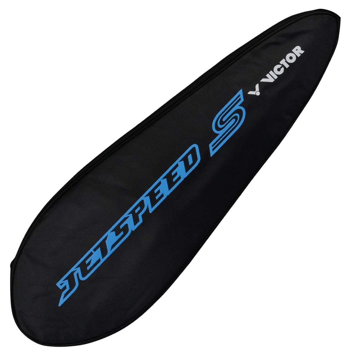 A Victor Jetspeed S 10 Q Badminton Racket bag, predominantly black with blue "JETSPEED S" text and a white "VICTOR" logo, designed for lightweight handling. It features an elongated shape equipped with a zipper to securely hold and protect your racket, crafted from Pyrofil Carbon Fibre for enhanced durability.