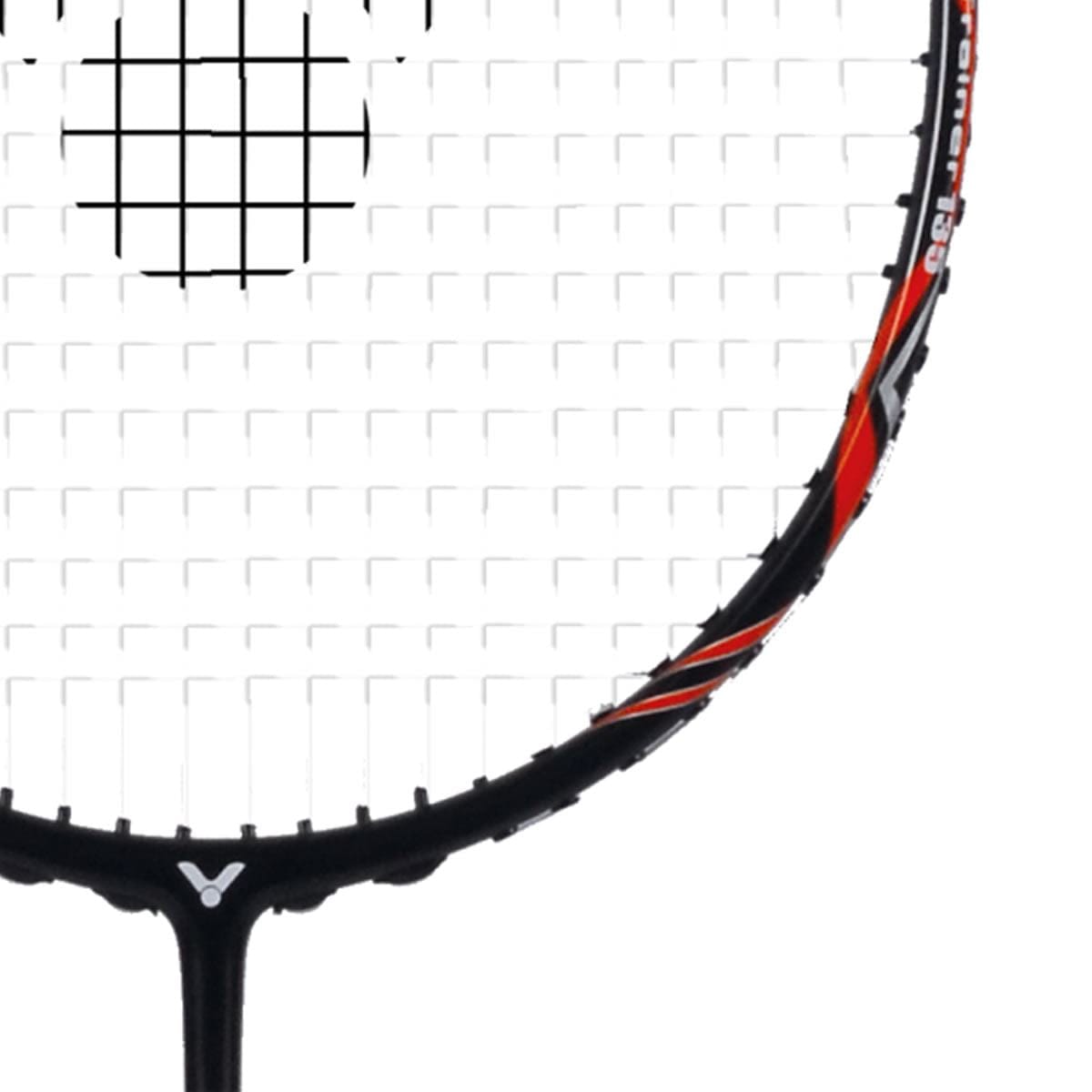 Close-up of a Victor Trainer 135 Badminton Racket in black and red against a white background. The head showcases a tightly strung pattern, while the frame boasts a sleek design with a minimalistic logo at the base of the handle, ideal for enhancing stamina through strength training.