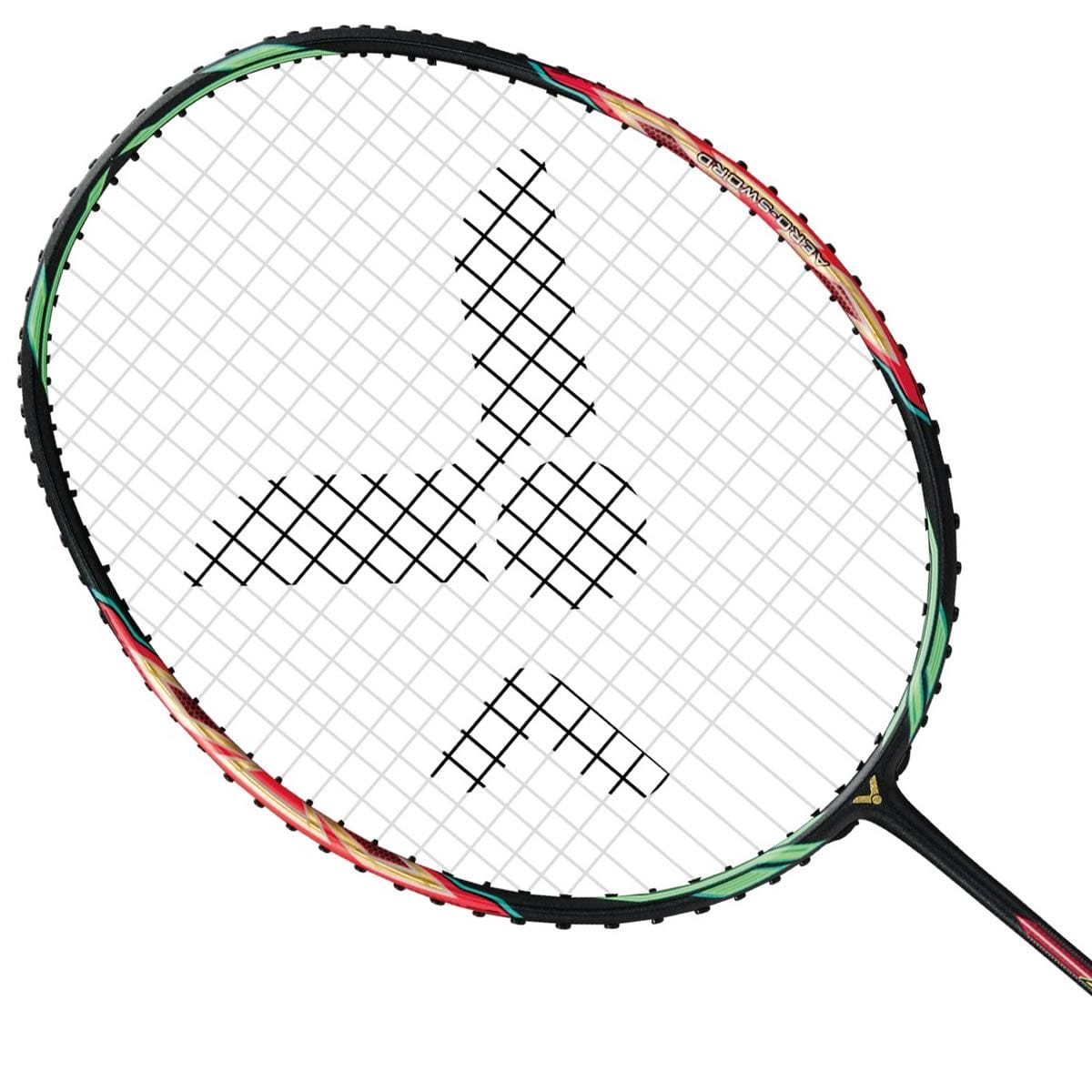 Close-up of the Victor Jetspeed S 10 Q Badminton Racket - Red Black, crafted with Pyrofil Carbon Fibre, featuring a colorful frame with red and green accents. The strings form a geometric pattern at the center, enhancing lightweight handling. Positioned diagonally on a white background, it showcases the precision of Aero-Sword technology by Victor.