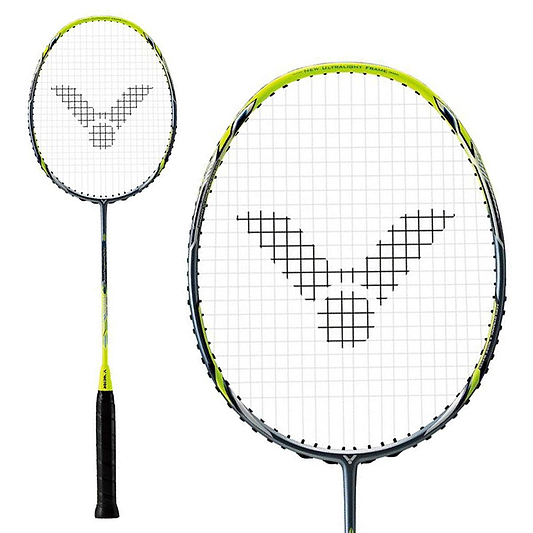 The Victor Drive X Light Fighter 60 Badminton Racket by Victor features a head heavy balance, black grip, blue-yellow and silver frame, and a black logo pattern on the strings. Images include full view and close-up of the racket head.