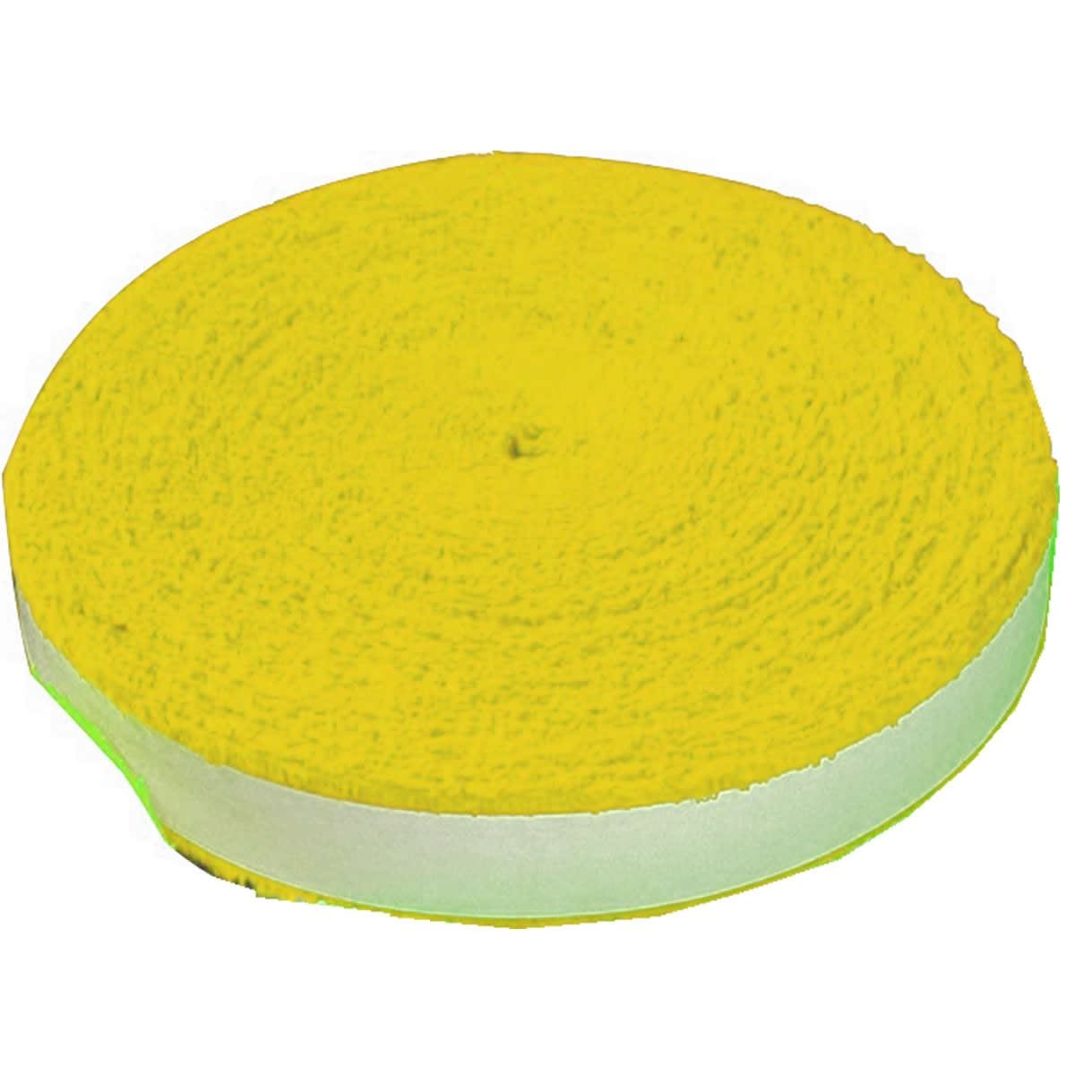 A Victor Towel Badminton Racket Grip - Reel - Yellow, known for its bright yellow hue and soft, sweat-absorbing texture similar to the original racket grip, showcases a white adhesive strip along one side and is neatly coiled into a compact circle against a simple white background.