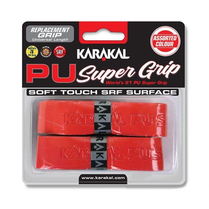 Packaging with a pair of Karakal PU BadmintonGrip replacement grips in red for sports equipment, featuring the "Soft Touch SRF Surface" and offering "Assorted Colour" options. Renowned for its durability and gripping power, it is promoted as the "World's #1 PU Super Grip," with a website link included at the bottom.