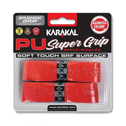 Packaging with a pair of Karakal PU BadmintonGrip replacement grips in red for sports equipment, featuring the "Soft Touch SRF Surface" and offering "Assorted Colour" options. Renowned for its durability and gripping power, it is promoted as the "World's #1 PU Super Grip," with a website link included at the bottom.