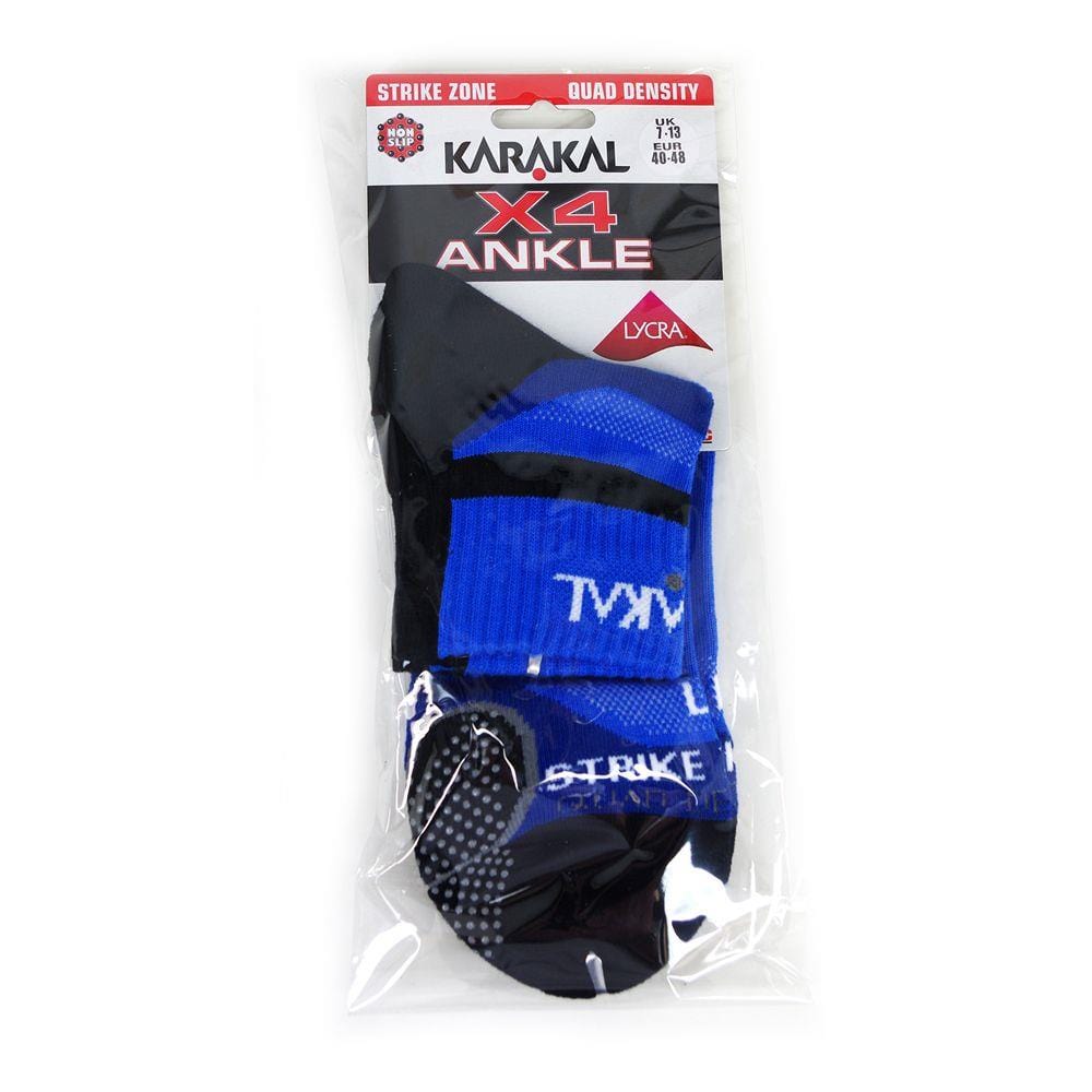 Introducing the Karakal X4 Men's Technical Ankle Badminton Socks in Blue and Black, expertly crafted with shock-absorbing technology and Cool Tec material for exceptional comfort. These socks feature a strike zone and quad density design, come with size information (UK 7-13), and are made with Lycra.