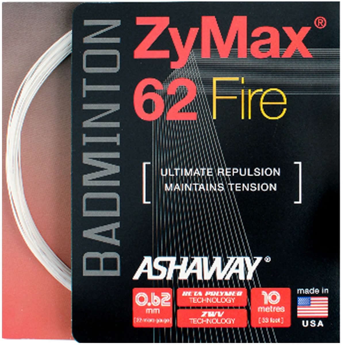 Image of a package for Ashaway Zymax 62 Fire badminton string in white, ideal for professional players. It highlights features such as maximum repulsion, tension maintenance, a 0.62 mm gauge, and a 10-meter length. Made in the USA with an eye-catching design showcasing the Ashaway logo.