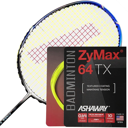 A badminton racket is displayed with a yellow and red string pattern, alongside a red and black package of Ashaway's Zymax 64 TX Badminton String in Yellow (0.64MM, 10m Packet). The packaging emphasizes the benefits of ZyWeave string technology, including textured coating and tension maintenance for optimal performance.