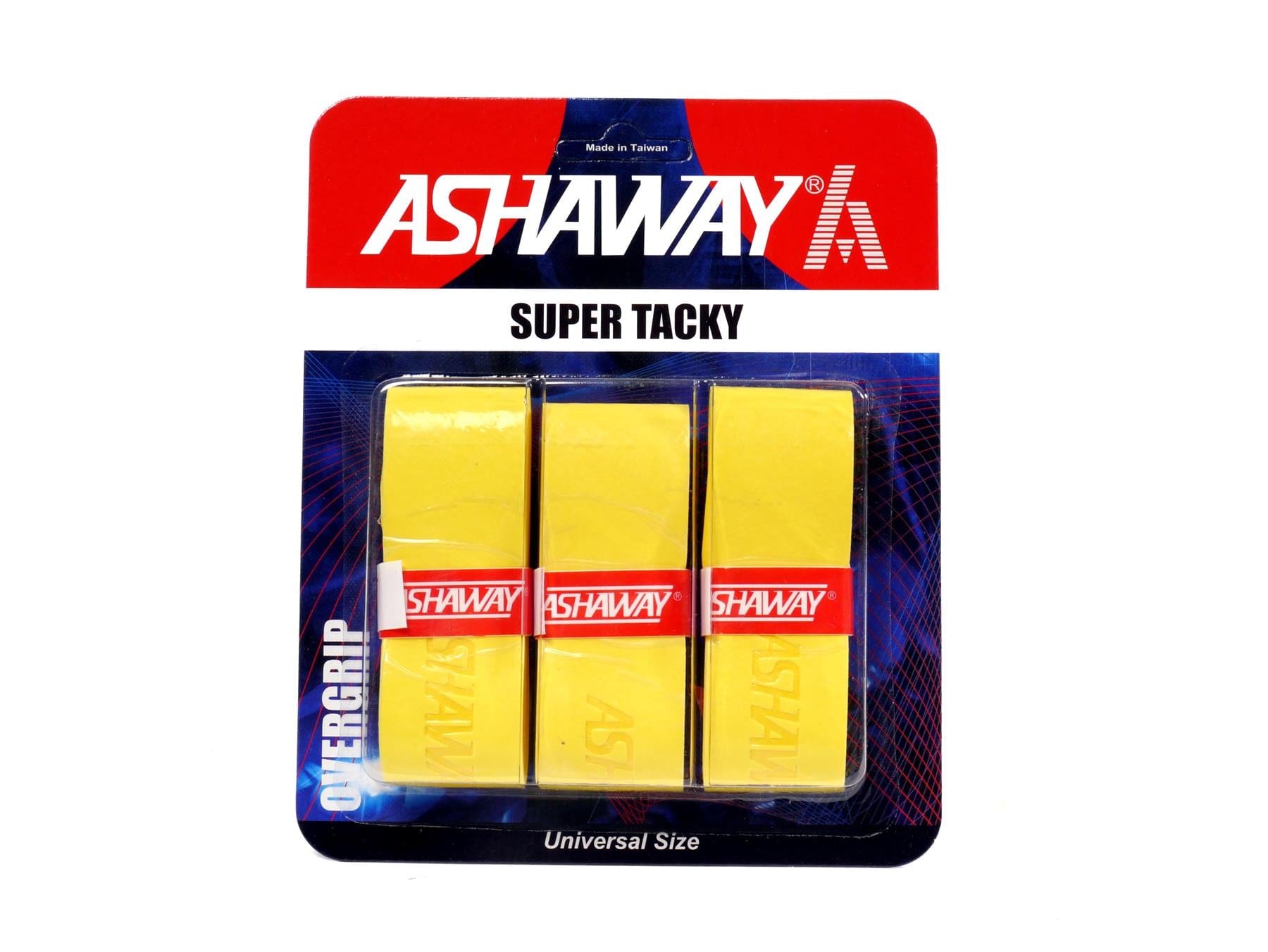 The packaging of the Ashaway Super Tacky Badminton Overgrip - Yellow - Set of 3 by Ashaway displays three bright yellow overgrips with unique red labels, all arranged side by side. Against a blue backdrop with white text, these grips are highlighted for their excellent tackiness and quality.