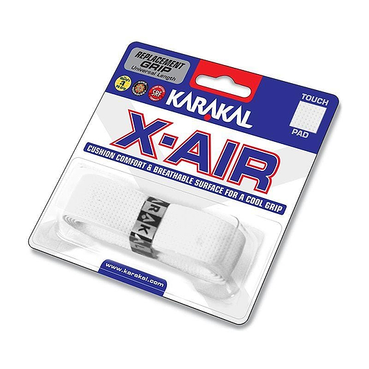 The packaging for the Karakal X-AIR Replacement Badminton Grip - White highlights a cushioned grip with a breathable, self-adhesive surface designed for superior comfort and control. The white grip is elegantly showcased in a clear plastic cover, with prominent Karakal branding and product details.